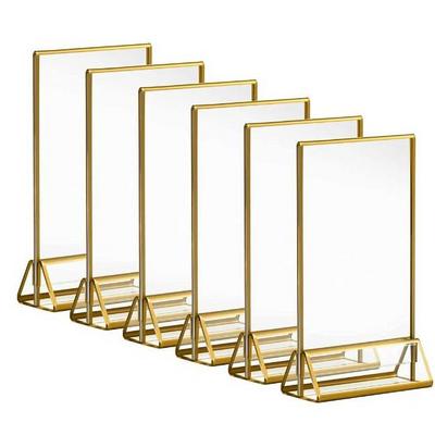 4x6" Acrylic Double Sided Picture Sign Holder with Gold Frames and Vertical Stand For Display Wedding Table Numbers