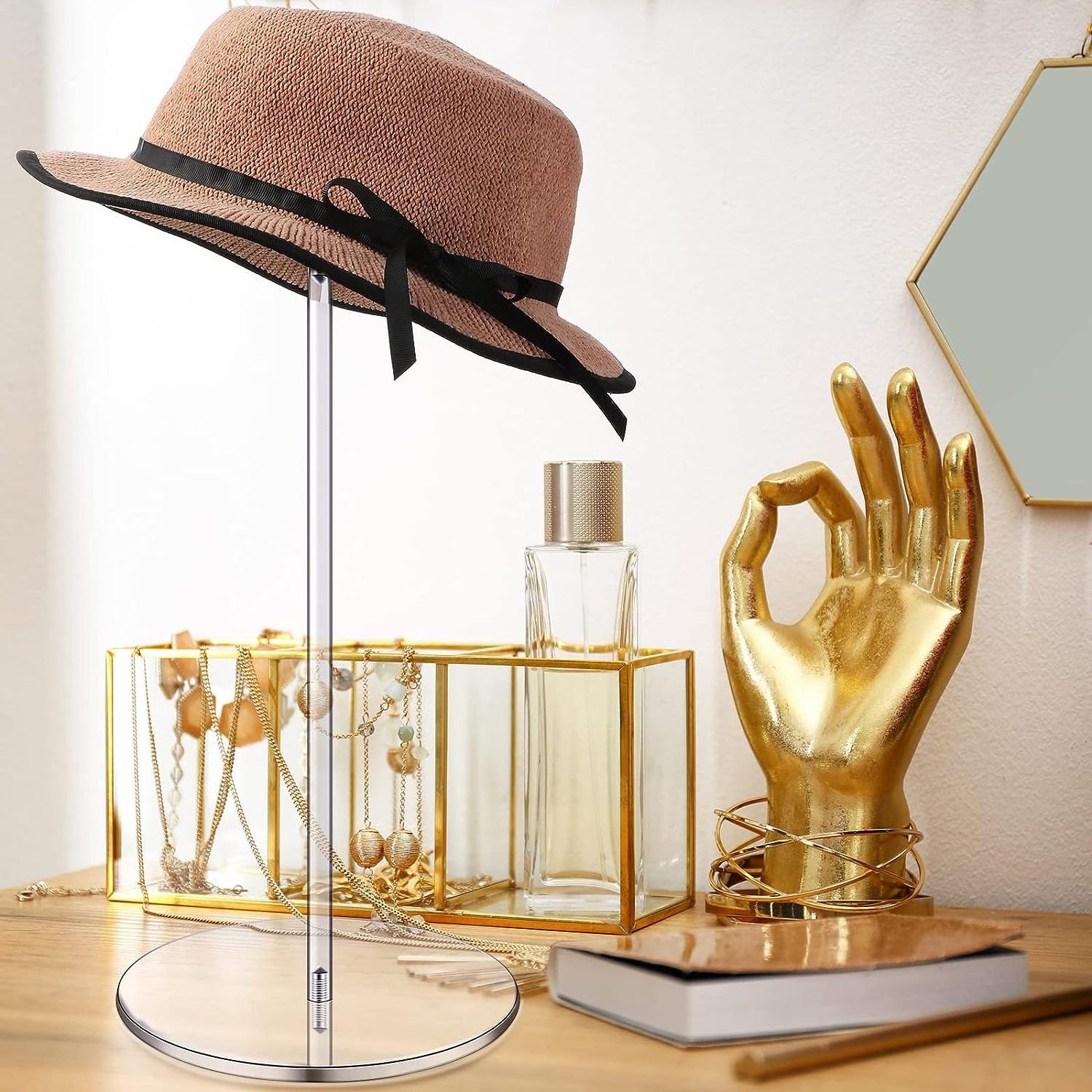 Custom Adjustable Height Clear Acrylic Hat Stand Holder and Wig Display Rack