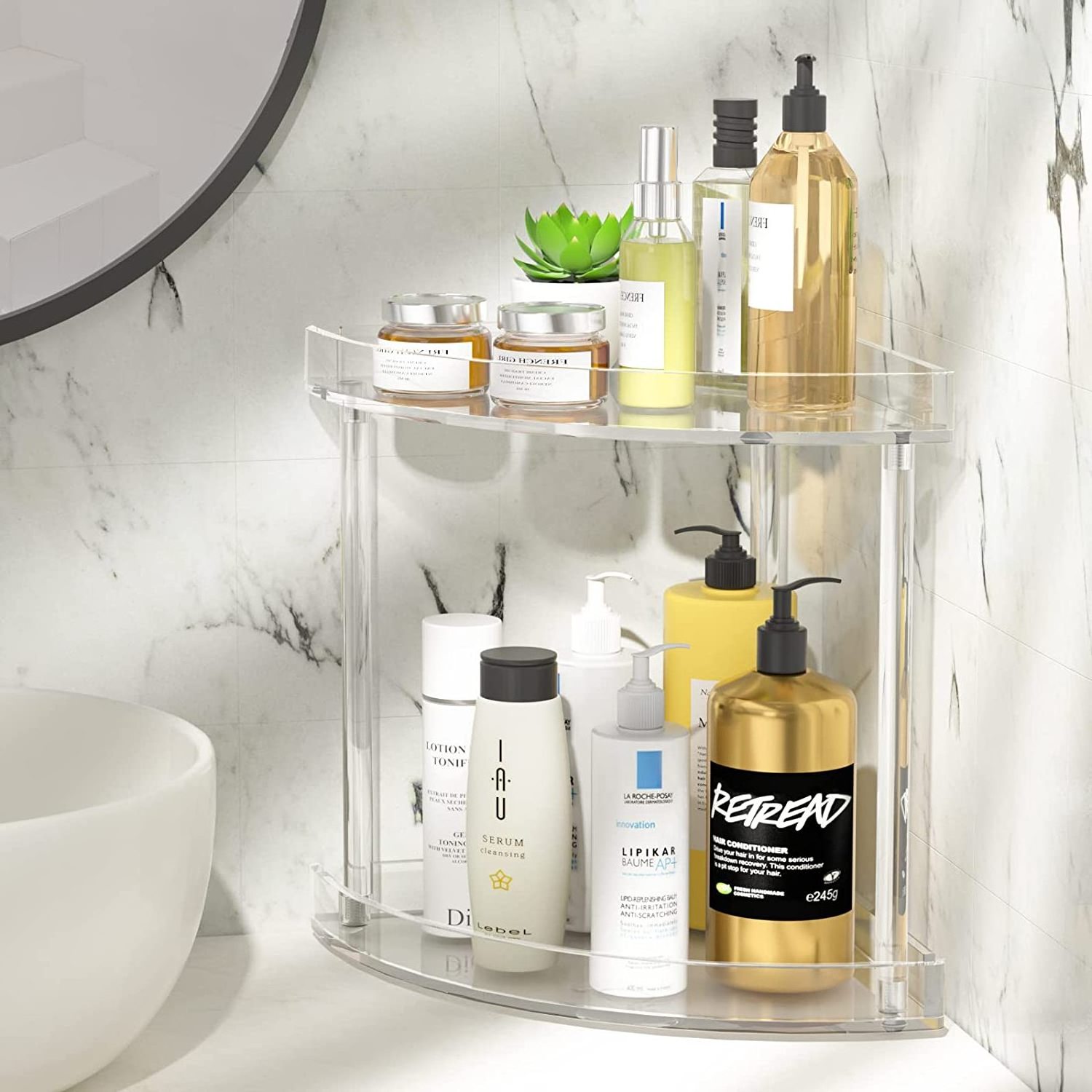 Custom Clear 2 Tier Corner Storage Shelf Vanity Trays Acrylic Bathroom Countertop Corner Organizer