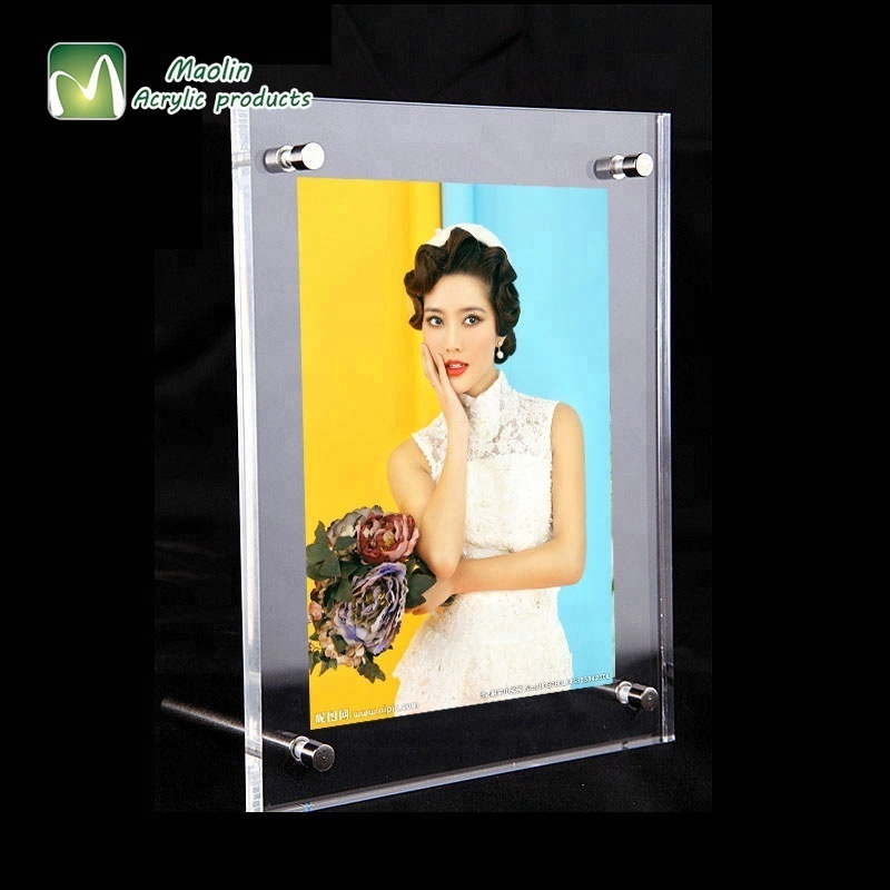 Horizontal or Vertical Wholesale Clear Slanted Acrylic Photo Frame with Standoff Hardware