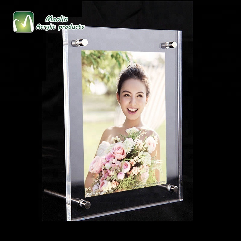 Horizontal or Vertical Wholesale Clear Slanted Acrylic Photo Frame with Standoff Hardware