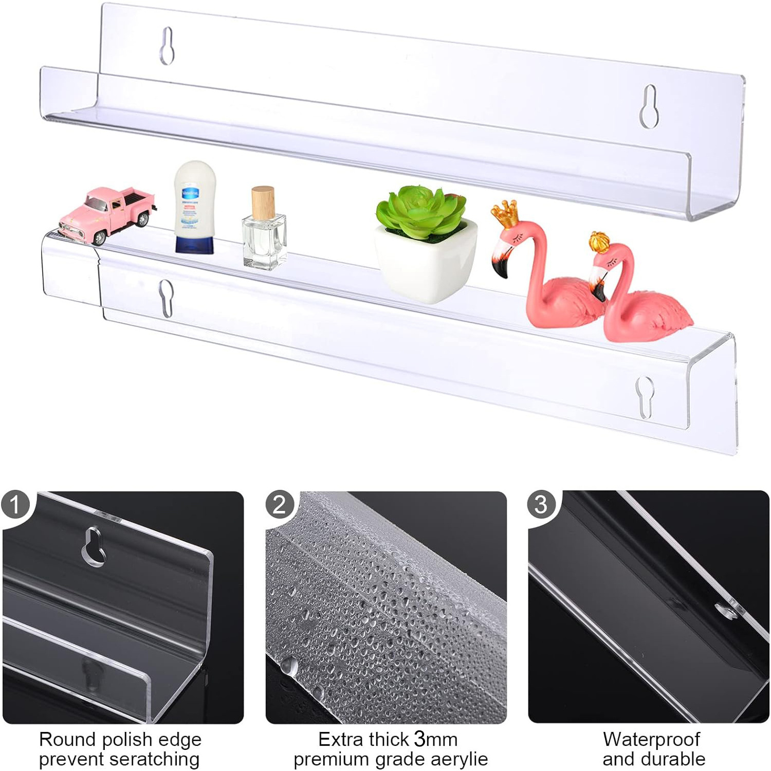 Wall Mounted Bookshelf Clear Acrylic Floating Shelves Organizer for Bedroom, Bathroom Kitchen, Storage