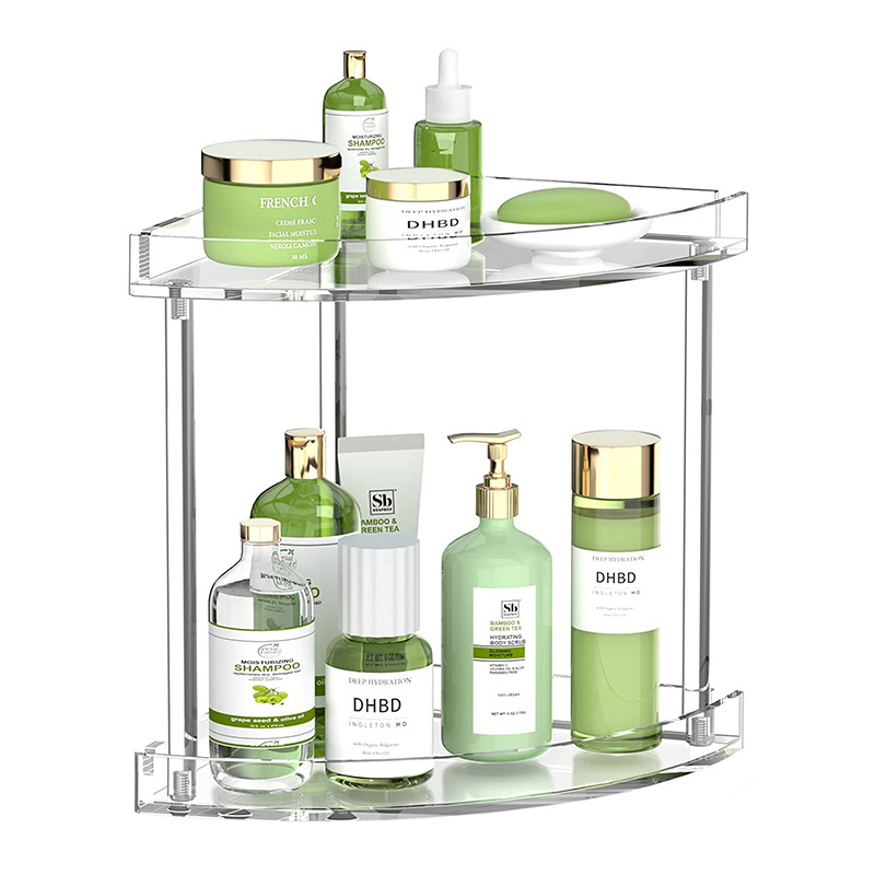 Custom Clear 2 Tier Corner Storage Shelf Vanity Trays Acrylic Bathroom Countertop Corner Organizer