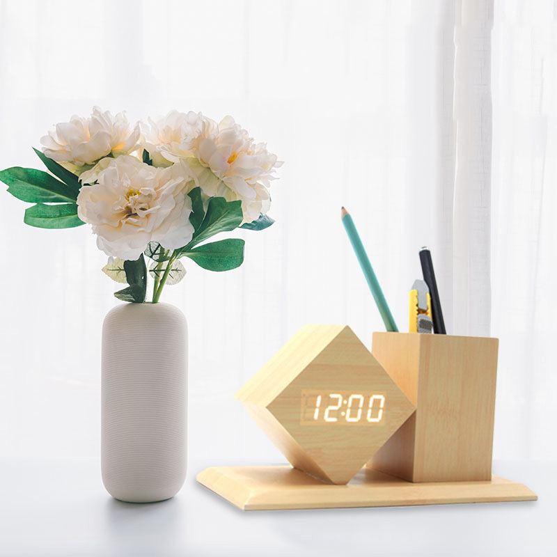 Office Desktop Multi-Function Table Digital LED Alarm Bamboo Clock Wooden Pen Holder with Temperature Display for Desk