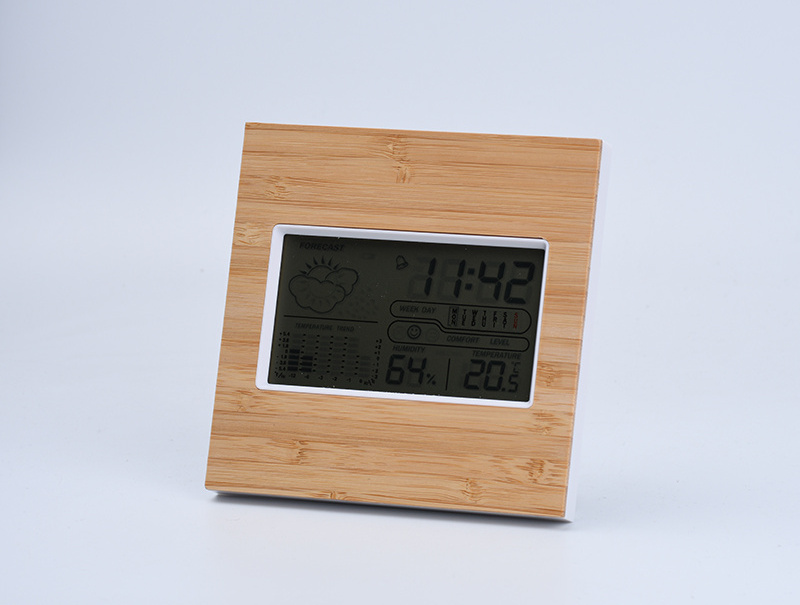 Comfortable Smile Icon Weather Station LCD Clock with Bamboo Top