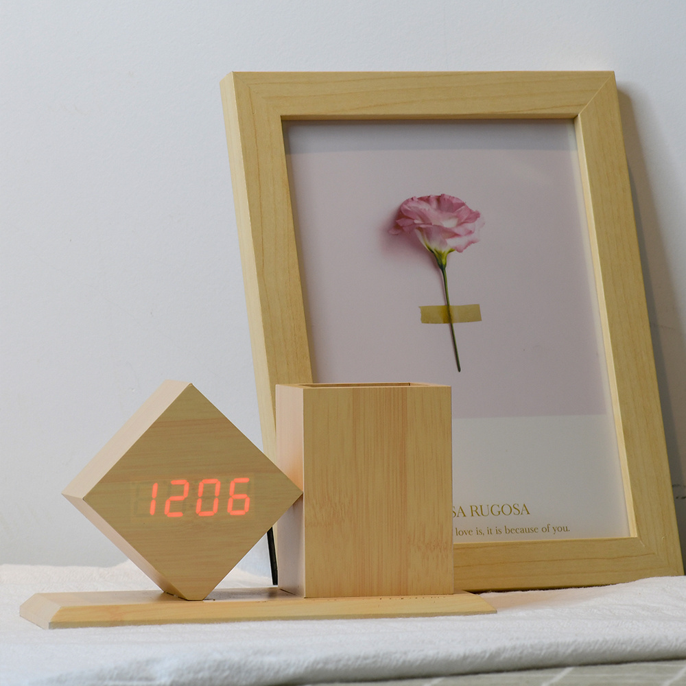 Office Desktop Multi-Function Table Digital LED Alarm Bamboo Clock Wooden Pen Holder with Temperature Display for Desk