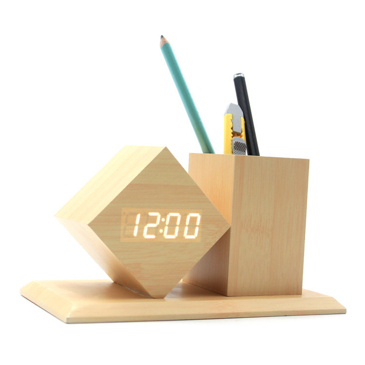 Office Desktop Multi-Function Table Digital LED Alarm Bamboo Clock Wooden Pen Holder with Temperature Display for Desk