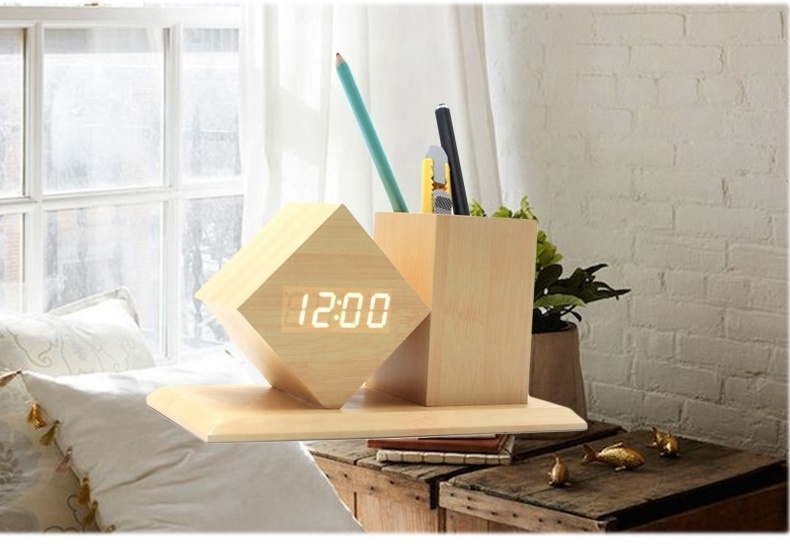 Creative Gift LED Digital Pen Holder Desk Acoustic Control Bamboo Wooden Alarm Electronic Clock