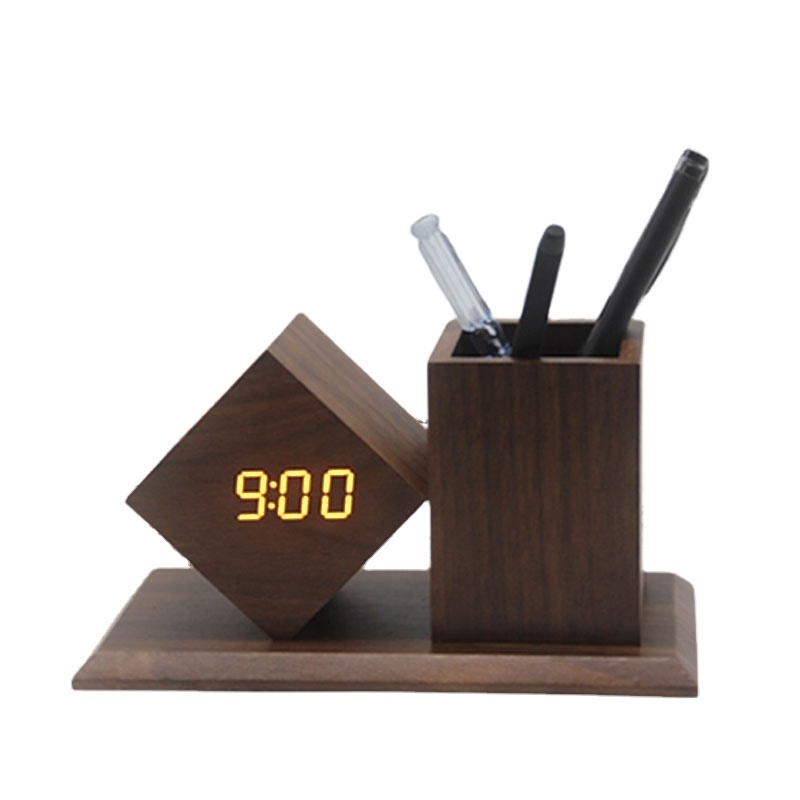 Creative Gift LED Digital Pen Holder Desk Acoustic Control Bamboo Wooden Alarm Electronic Clock