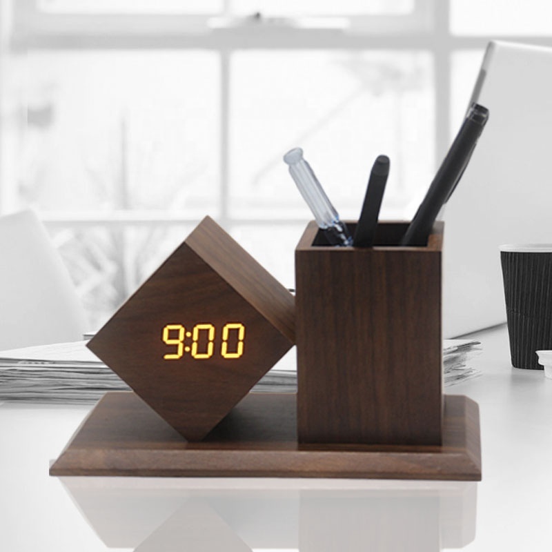 Office Desktop Multi-Function Table Digital LED Alarm Bamboo Clock Wooden Pen Holder with Temperature Display for Desk