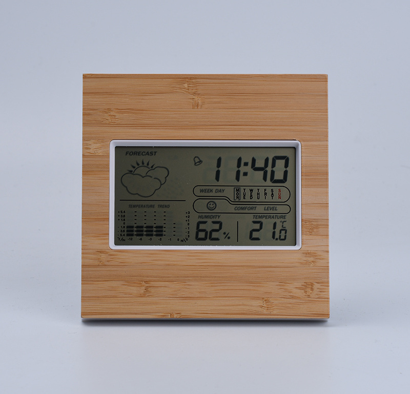 Comfortable Smile Icon Weather Station LCD Clock with Bamboo Top