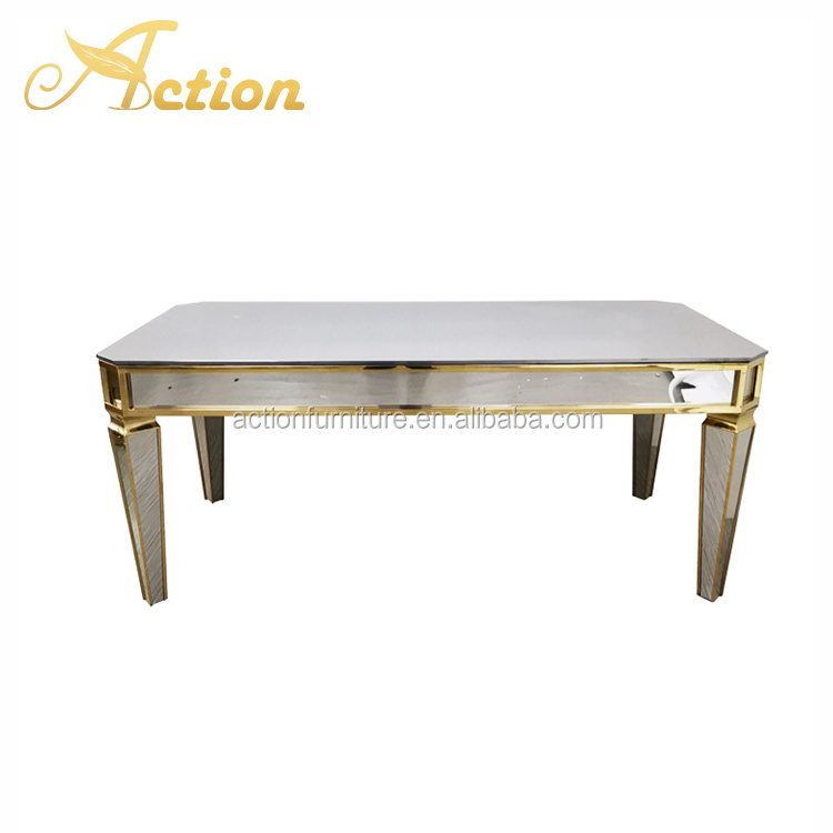 Wedding Furniture Mirror Glass Sliver Stainless Steel Wedding Table Dining Table With 6 Chairs For Banquet Event Party