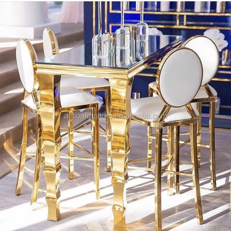 Modern New Design Stainless Steel Shiny Gold Bar Stool Wedding High Bar Table With 6 Chairs For Party Nigh Club Used