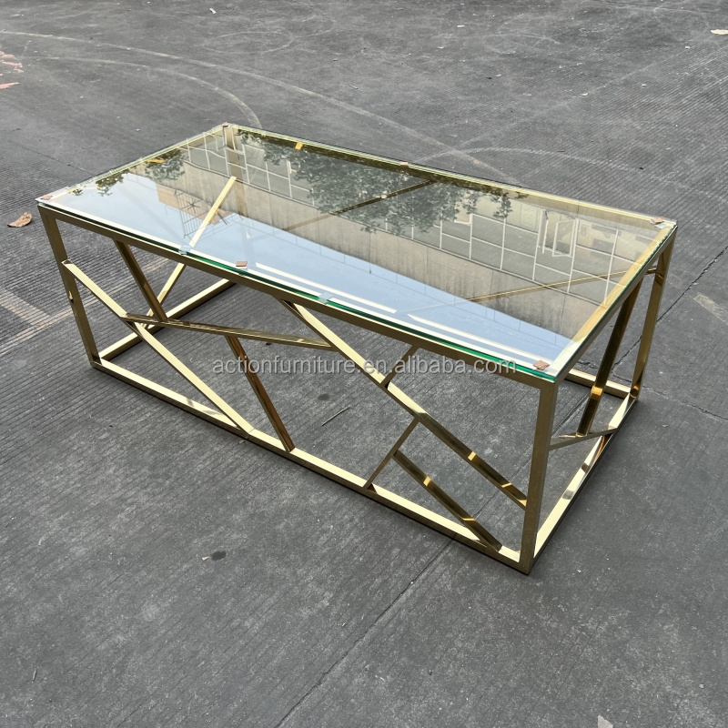 High Fashion Stainless Steel Living Room Rectangle Glass Coffee Table Furniture In Gold or Silver