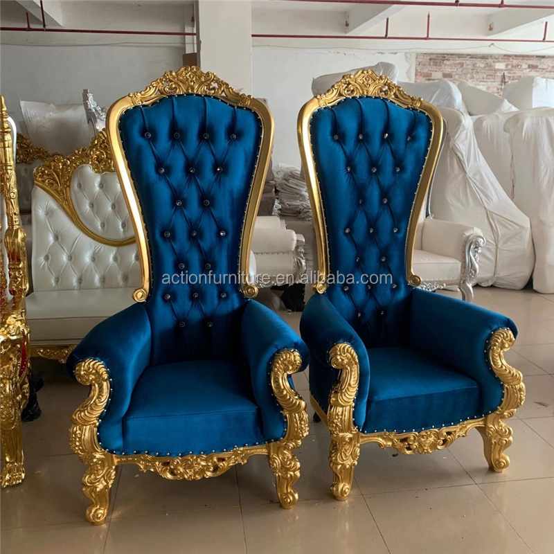 Arm morden design royal high back golden stainless steel frame velvet king throne chair for sale