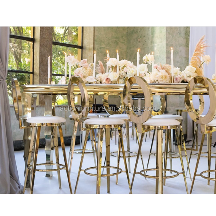 Modern New Design Stainless Steel Shiny Gold Bar Stool Wedding High Bar Table With 6 Chairs For Party Nigh Club Used