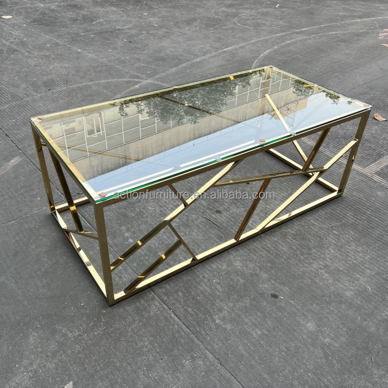 High Fashion Stainless Steel Living Room Rectangle Glass Coffee Table Furniture In Gold or Silver