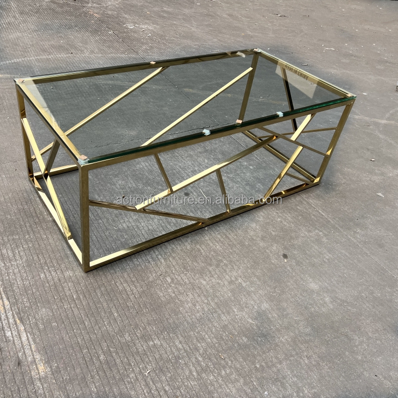 High Fashion Stainless Steel Living Room Rectangle Glass Coffee Table Furniture In Gold or Silver