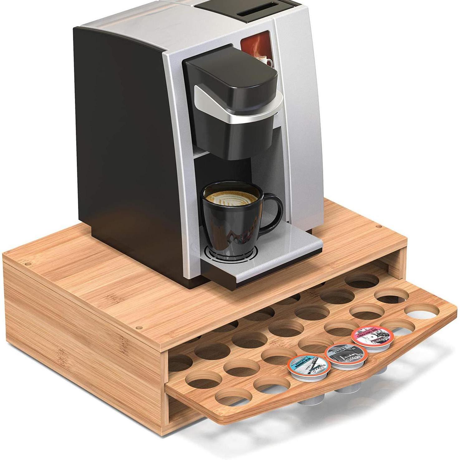 Bamboo Coffee Pod Storage Holder Organizer With Drawer For Keurig K-cup Pods