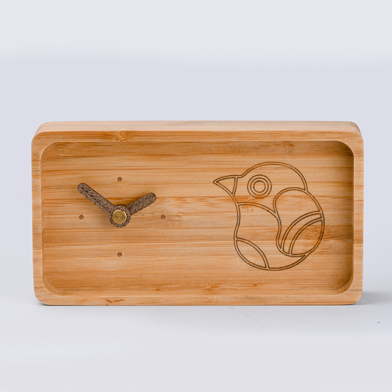 Unique Customized Rectangular Desktop Small Rectangle Bird Sing Bamboo Analog Desk & Table Clocks