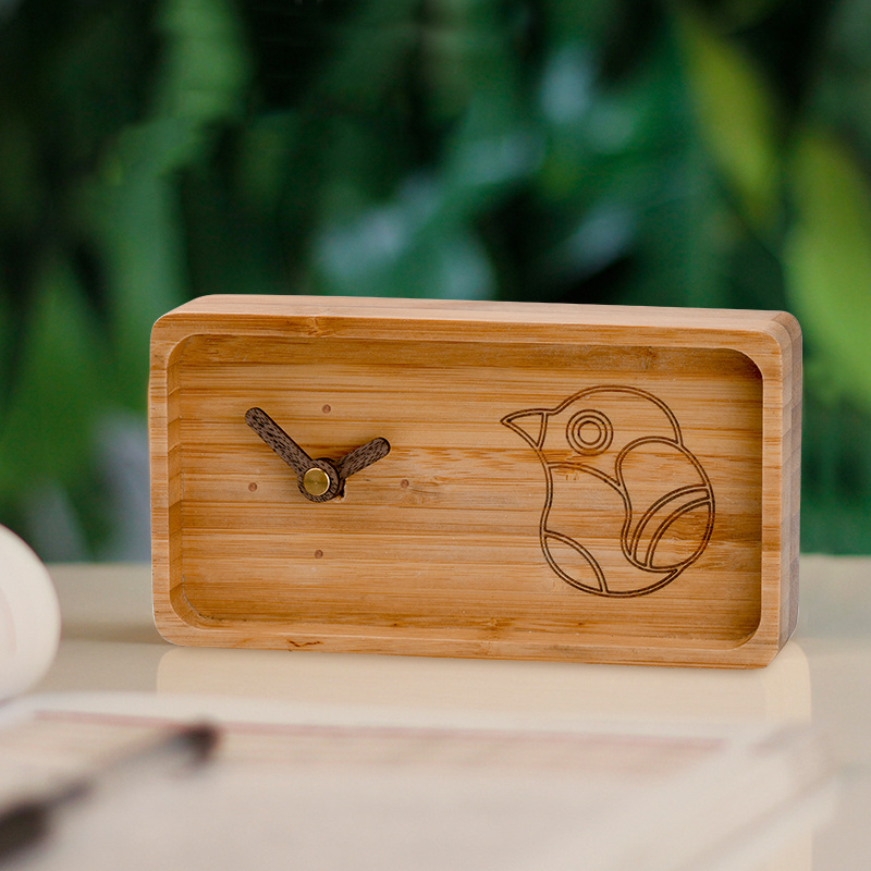 Unique Customized Rectangular Desktop Small Rectangle Bird Sing Bamboo Analog Desk & Table Clocks