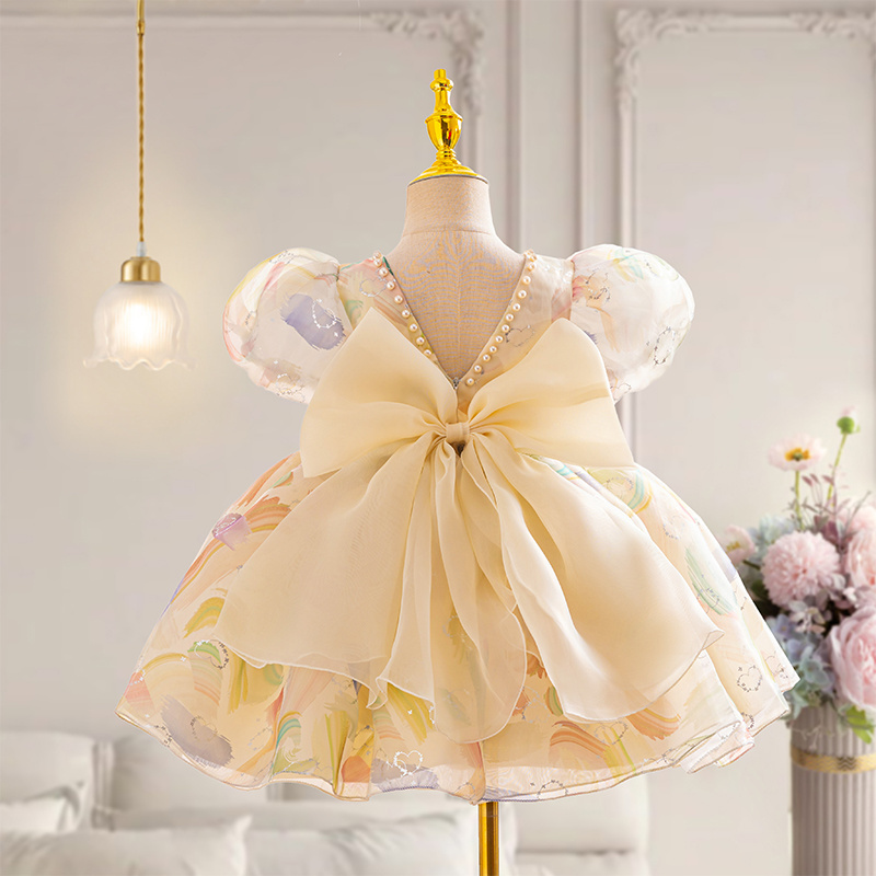 Hot selling oil colored children's dresses cute bubble sleeves girl princess dresses birthday parties girl formal dresses