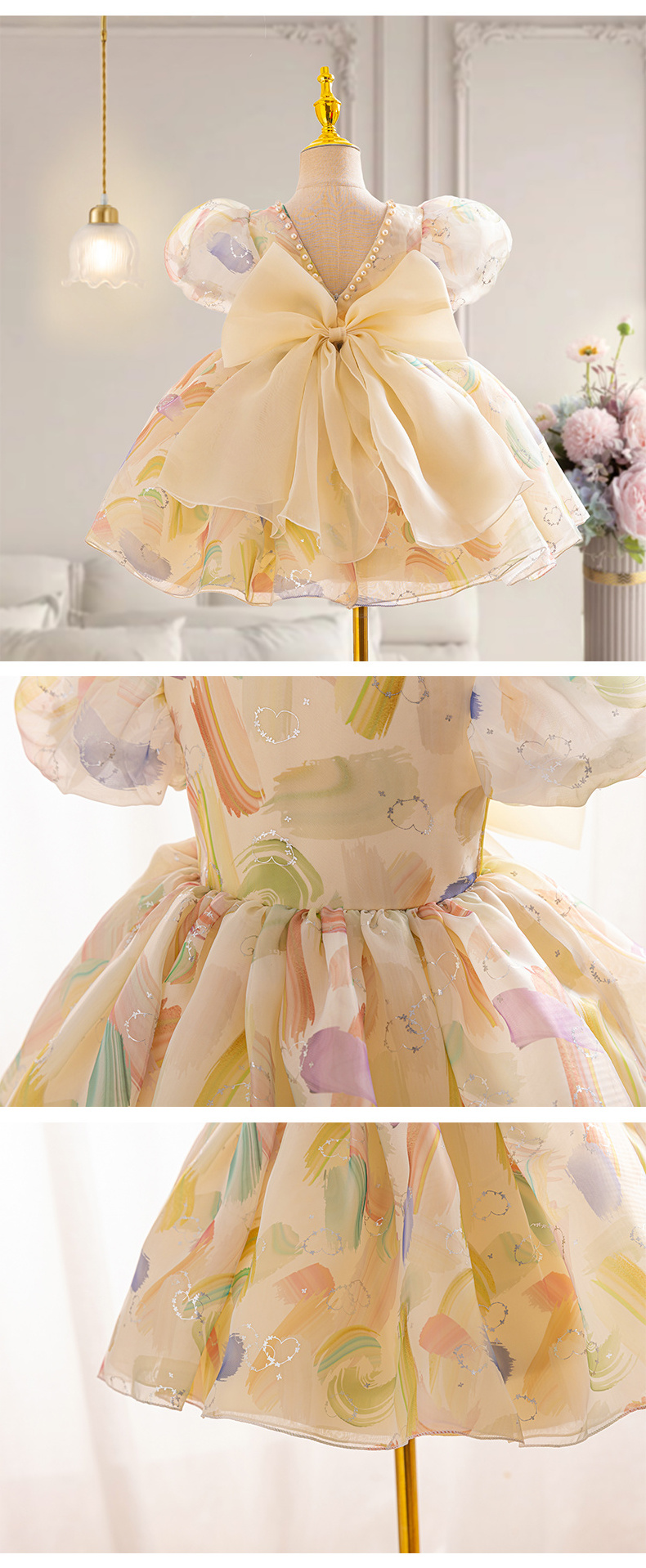 Hot selling oil colored children's dresses cute bubble sleeves girl princess dresses birthday parties girl formal dresses