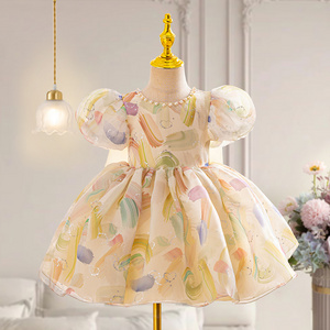 Hot selling oil colored children's dresses cute bubble sleeves girl princess dresses birthday parties girl formal dresses