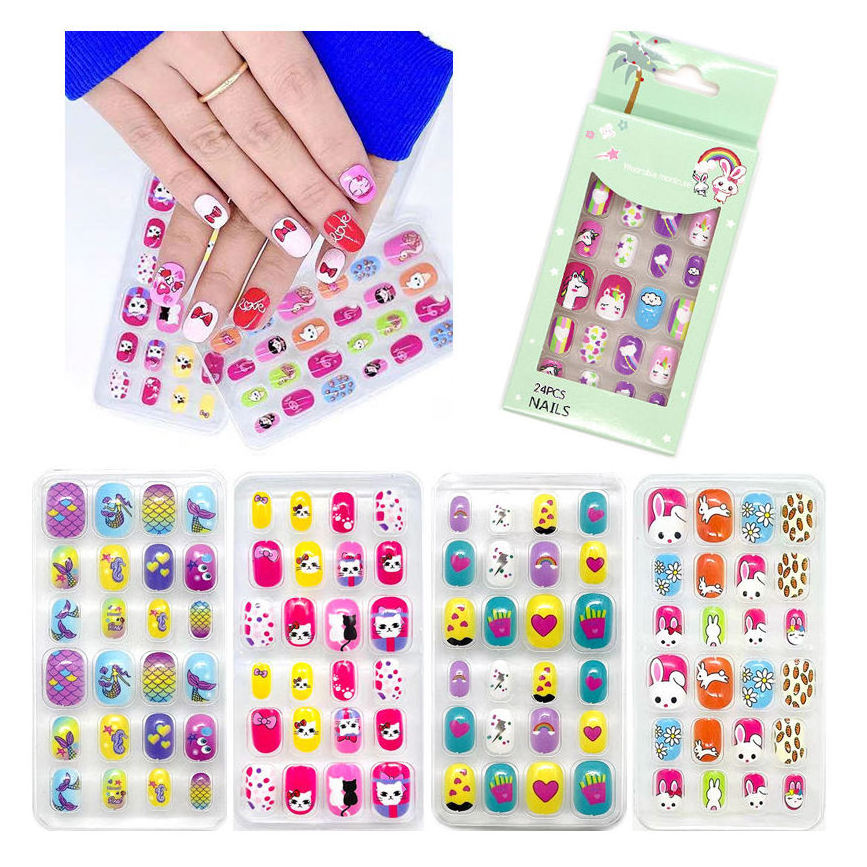 Acrylic Full Cover Short False Nail Fingernails Colorful Rainbow Cute Children Press on Nails with Glue Artificial False Nail