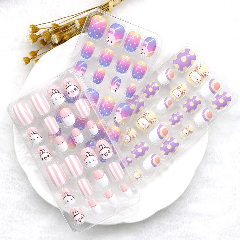 Acrylic Full Cover Short False Nail Fingernails Colorful Rainbow Cute Children Press on Nails with Glue Artificial False Nail