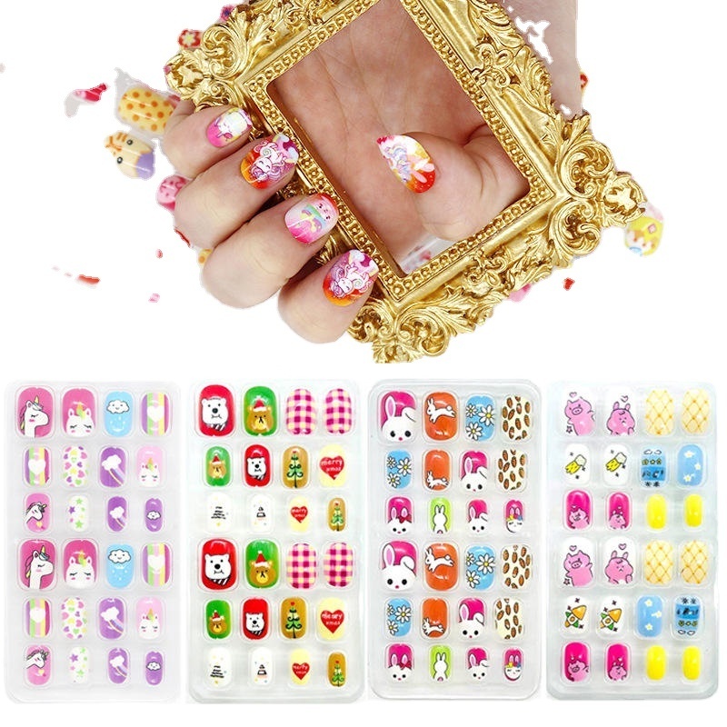 Acrylic Full Cover Short False Nail Fingernails Colorful Rainbow Cute Children Press on Nails with Glue Artificial False Nail