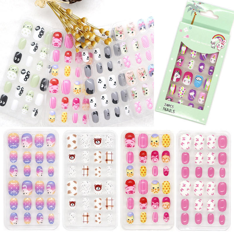 Acrylic Full Cover Short False Nail Fingernails Colorful Rainbow Cute Children Press on Nails with Glue Artificial False Nail