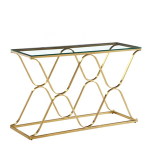 Hot Selling Clear Tempered Glass  Console Table with Gold Stainless Steel Base