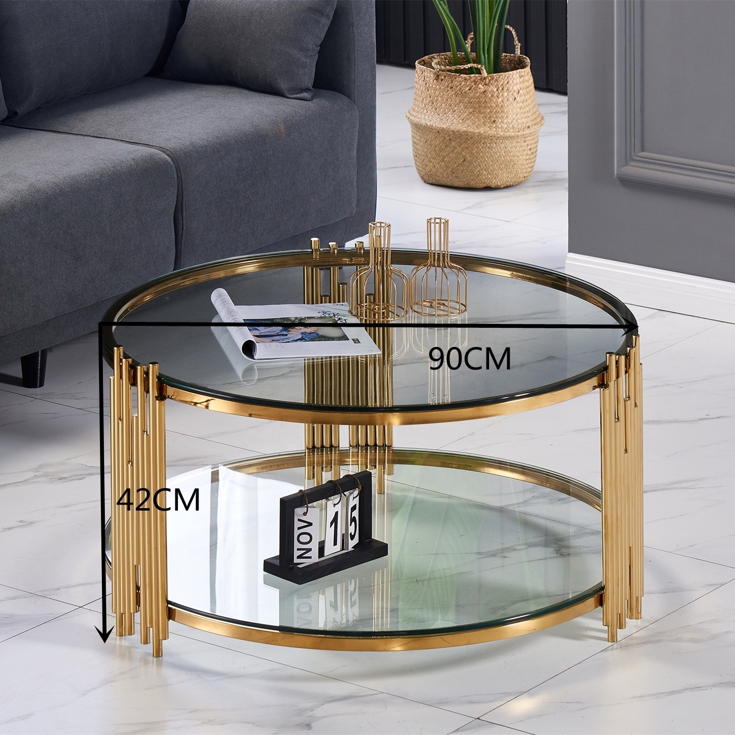 modern design  stainless steel living room furniture luxury  black  glass top gold round coffee table