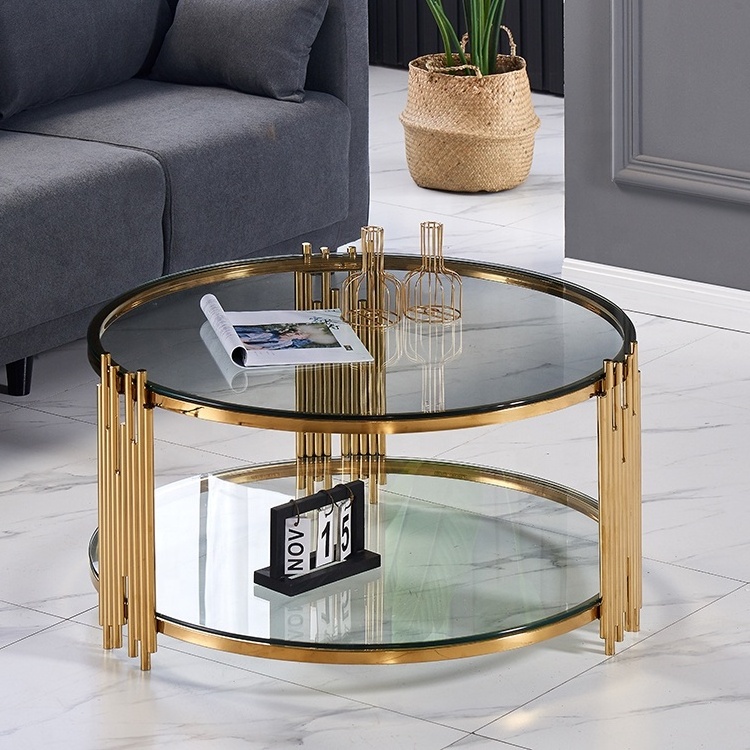 modern design  stainless steel living room furniture luxury  black  glass top gold round coffee table