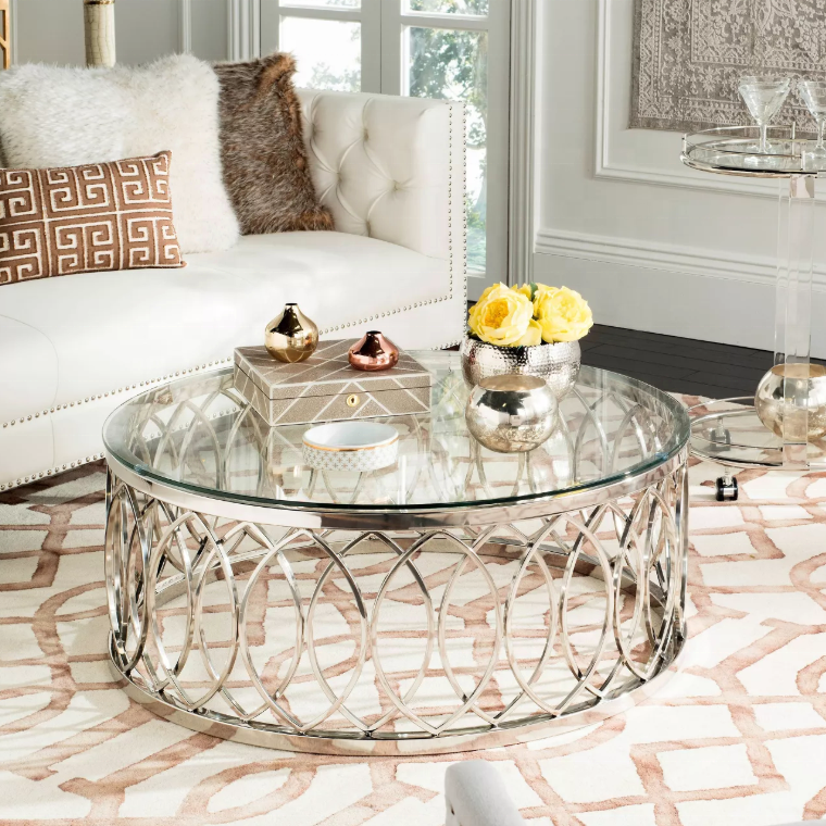 Contemporary Luxury Glass Top Coffee Table with Stainless Steel Metal Legs for Living Room Furniture