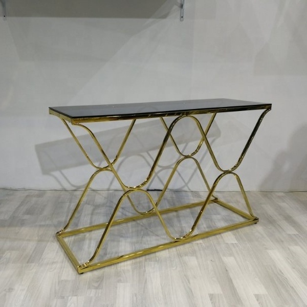 Hot Selling Clear Tempered Glass  Console Table with Gold Stainless Steel Base