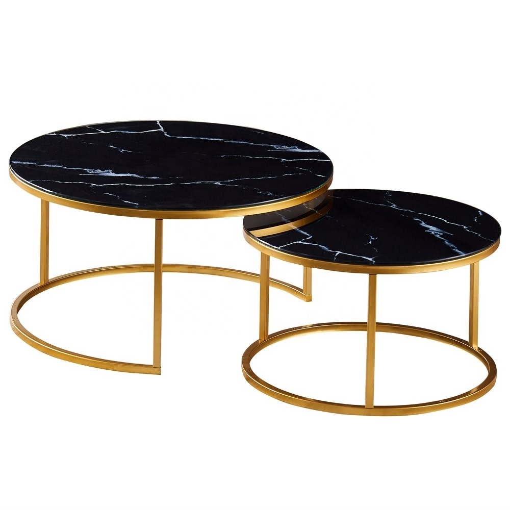 Hebei Factory Home Goods Elegant Luxury Golden Modern Marble Round Tea Table Sofa Side Simple Wrought Steel Coffee Table