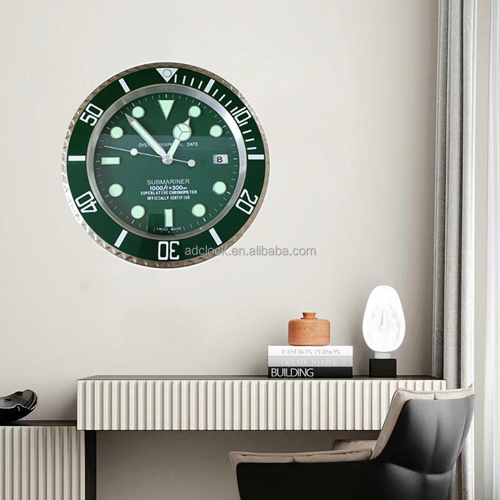 Green Luminous Luxury Calendar Wrist Watch Wall Clock Home Decor Stainless Steel Clock with Calendars Date