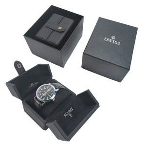 Two doors style Snap closure Black PU leather Faux Suede cushion luxury Watch Gift box