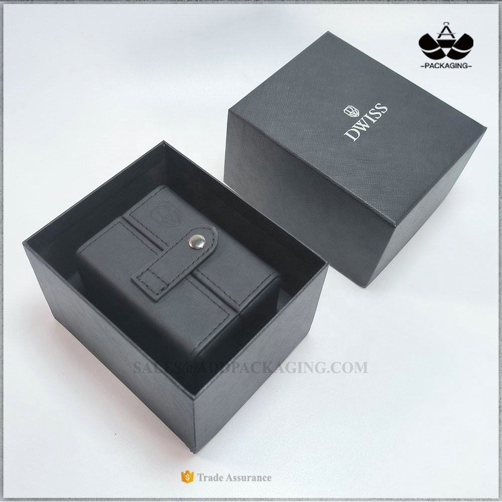 Two doors style Snap closure Black PU leather Faux Suede cushion luxury Watch Gift box