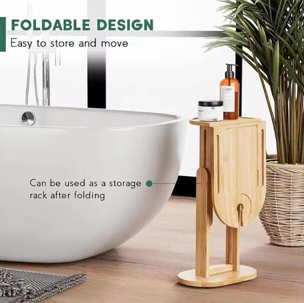 Addreen Bathtub Side Tray with Adjustable Height, Foldable Bamboo Bath Table for Tubs Against Wall Tub Caddy Shelf for Luxury