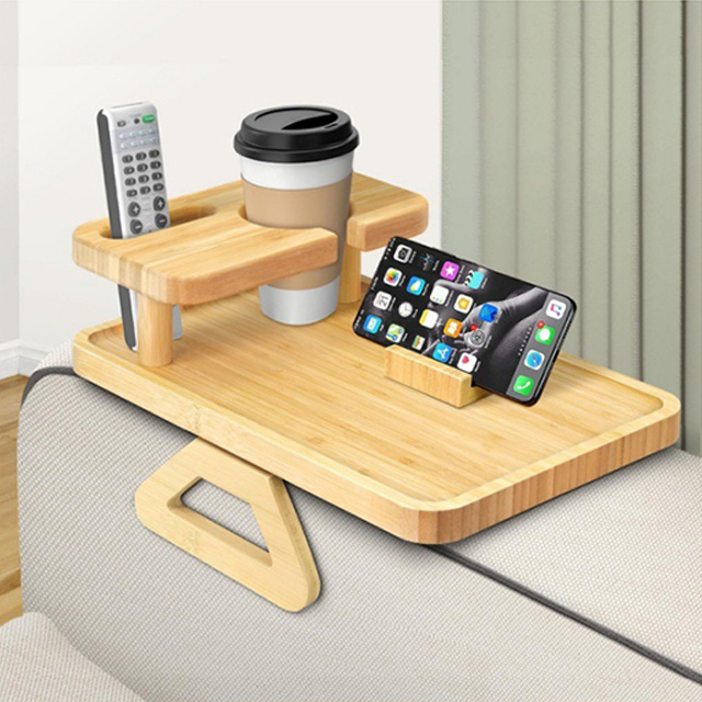 Addreen Bamboo wooden tray double-deck sofa arm clamp armrests tray with cup holder drink snacks storage tray