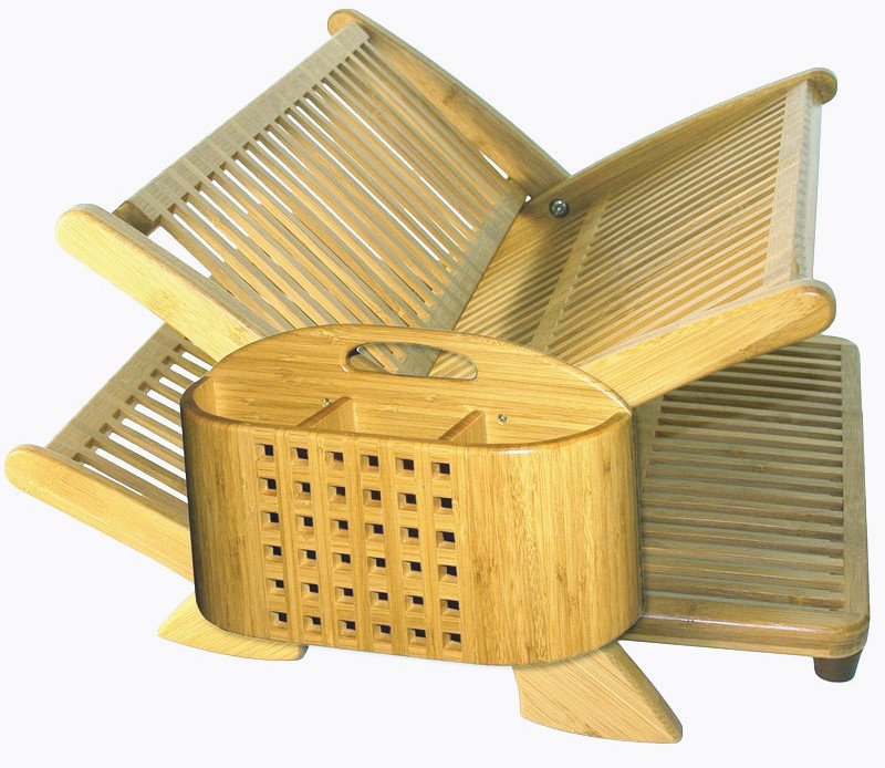 2 Tier High Quality Bamboo Folding Dish Drying Rack with Drainboard