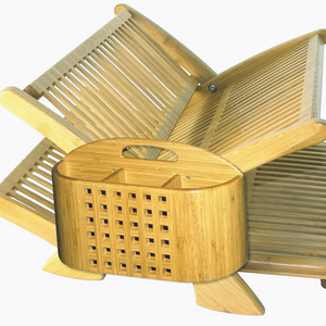 2 Tier High Quality Bamboo Folding Dish Drying Rack with Drainboard