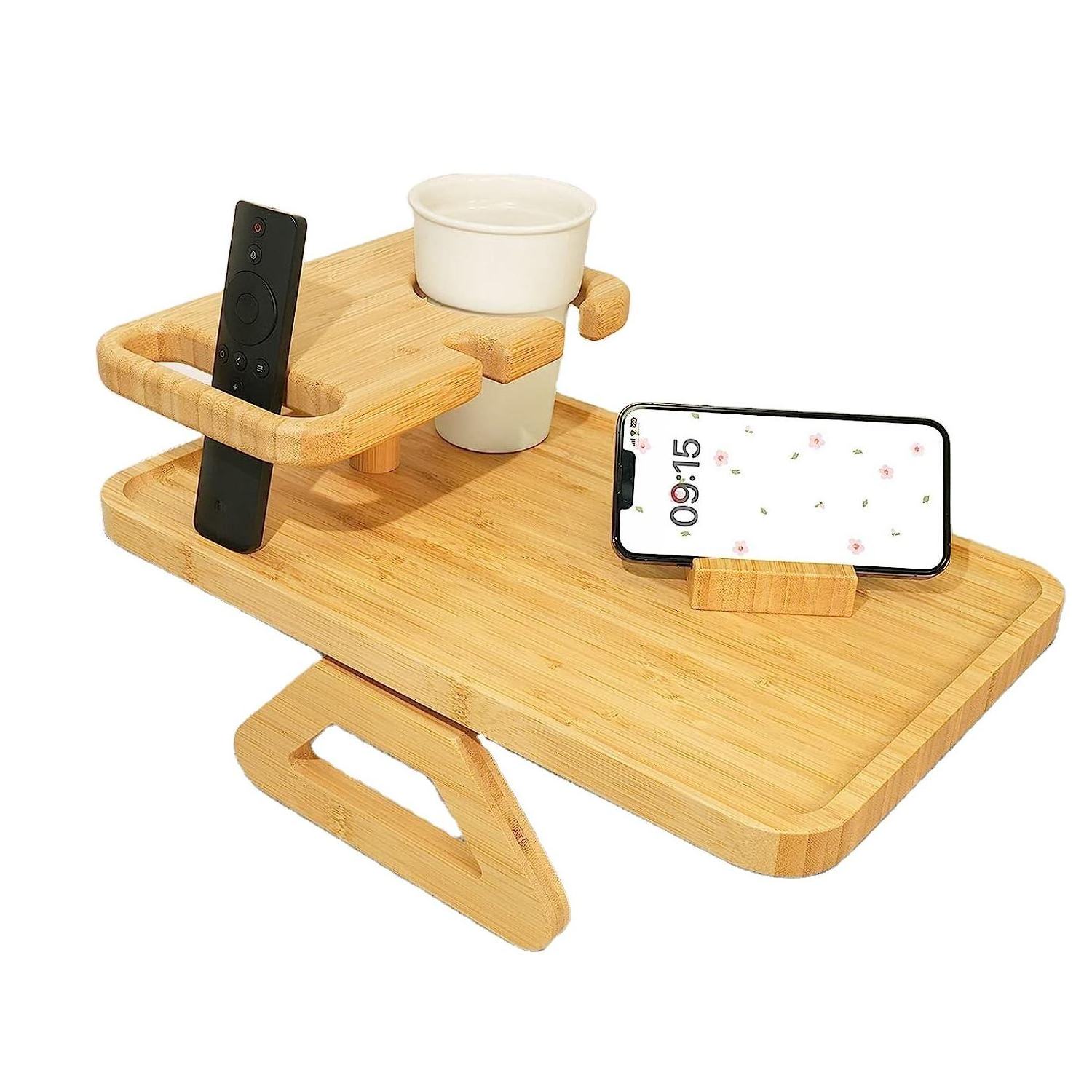 Addreen Bamboo wooden tray double-deck sofa arm clamp armrests tray with cup holder drink snacks storage tray