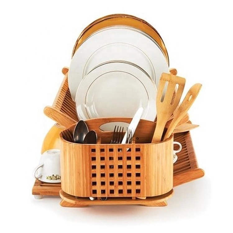 2 Tier High Quality Bamboo Folding Dish Drying Rack with Drainboard