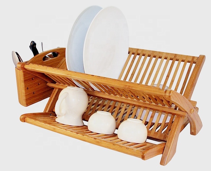 2 Tier High Quality Bamboo Folding Dish Drying Rack with Drainboard