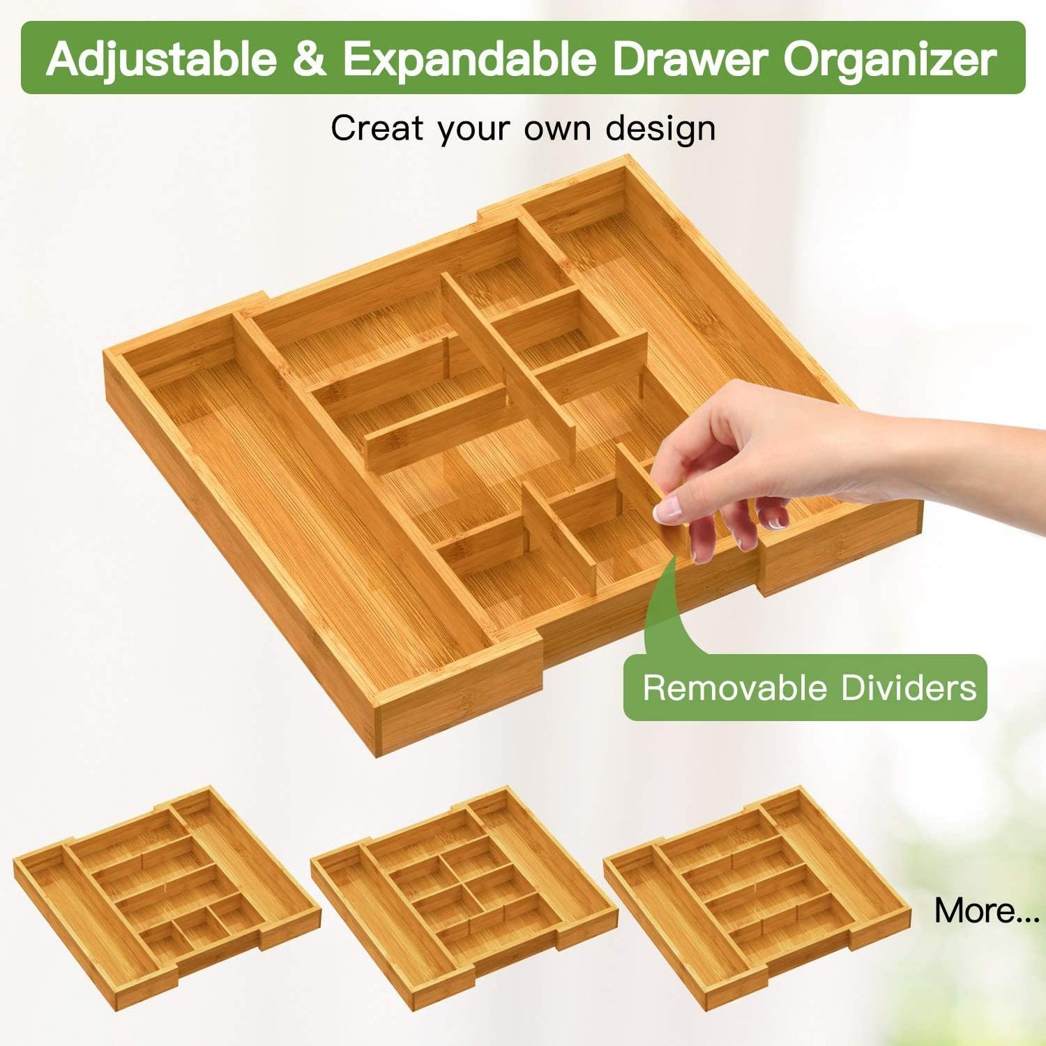 Addreen Manufacturer Bamboo Expandable Utensil Cutlery Tray and Drawer Cutlery Organizer for Kitchen Drawers Black