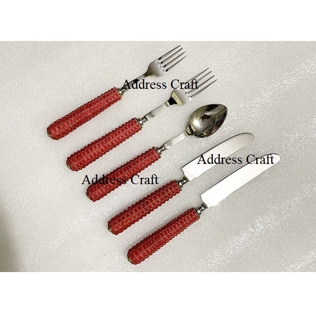 Best Seller 18 10 Stainless Steel 5 Pcs Cutlery Set With Wicker Handle Custom Logo Flatware Set Rattan Handle Dinner Knife Spoon